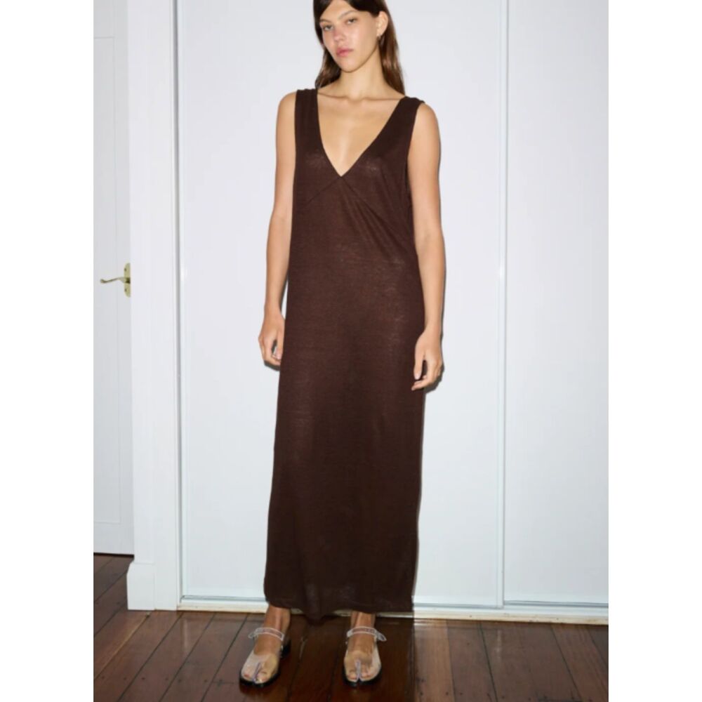 DEIJI STUDIOS Linen Soft Tank Maxi Dress Chocolate Small